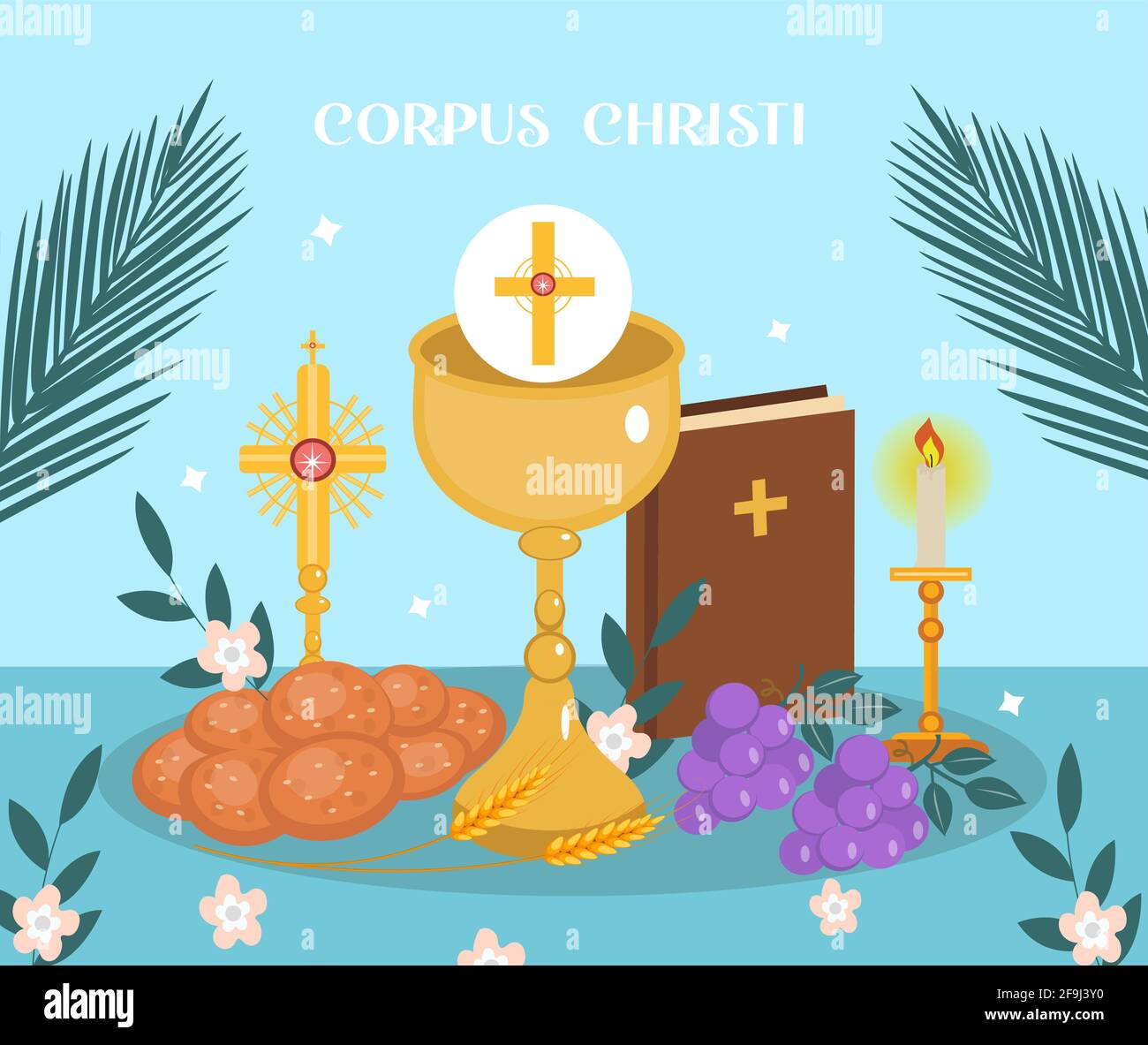 Carte de vœux religieuse catholique de Corpus Christi, modèle pour votre conception. Fête, croix, pain, raisins. Illustration vectorielle Illustration de Vecteur