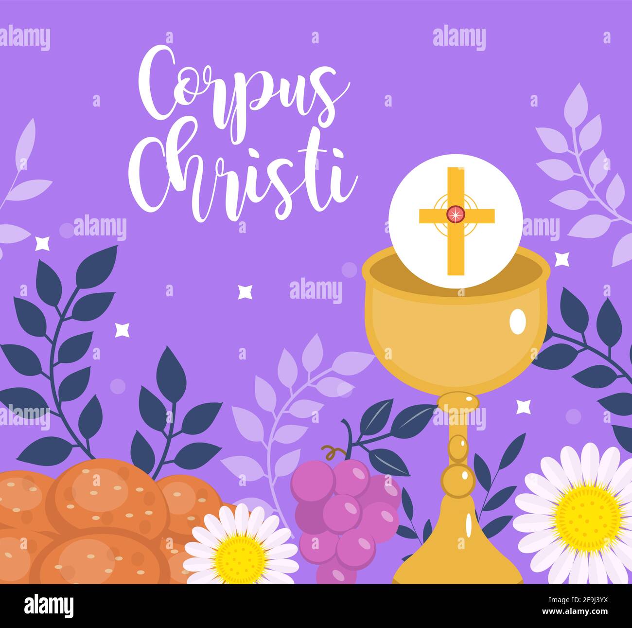 Carte de vœux religieuse catholique de Corpus Christi, modèle pour votre conception. Fête, croix, pain, raisins. Illustration vectorielle Illustration de Vecteur