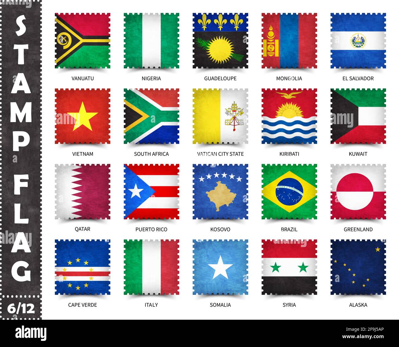Timbre avec motif officiel de drapeau de pays et ancienne texture de grunge et nom de pays . Forme carrée . Vecteur . Set 6 de 12 sur cette série ( tous nationaux Illustration de Vecteur