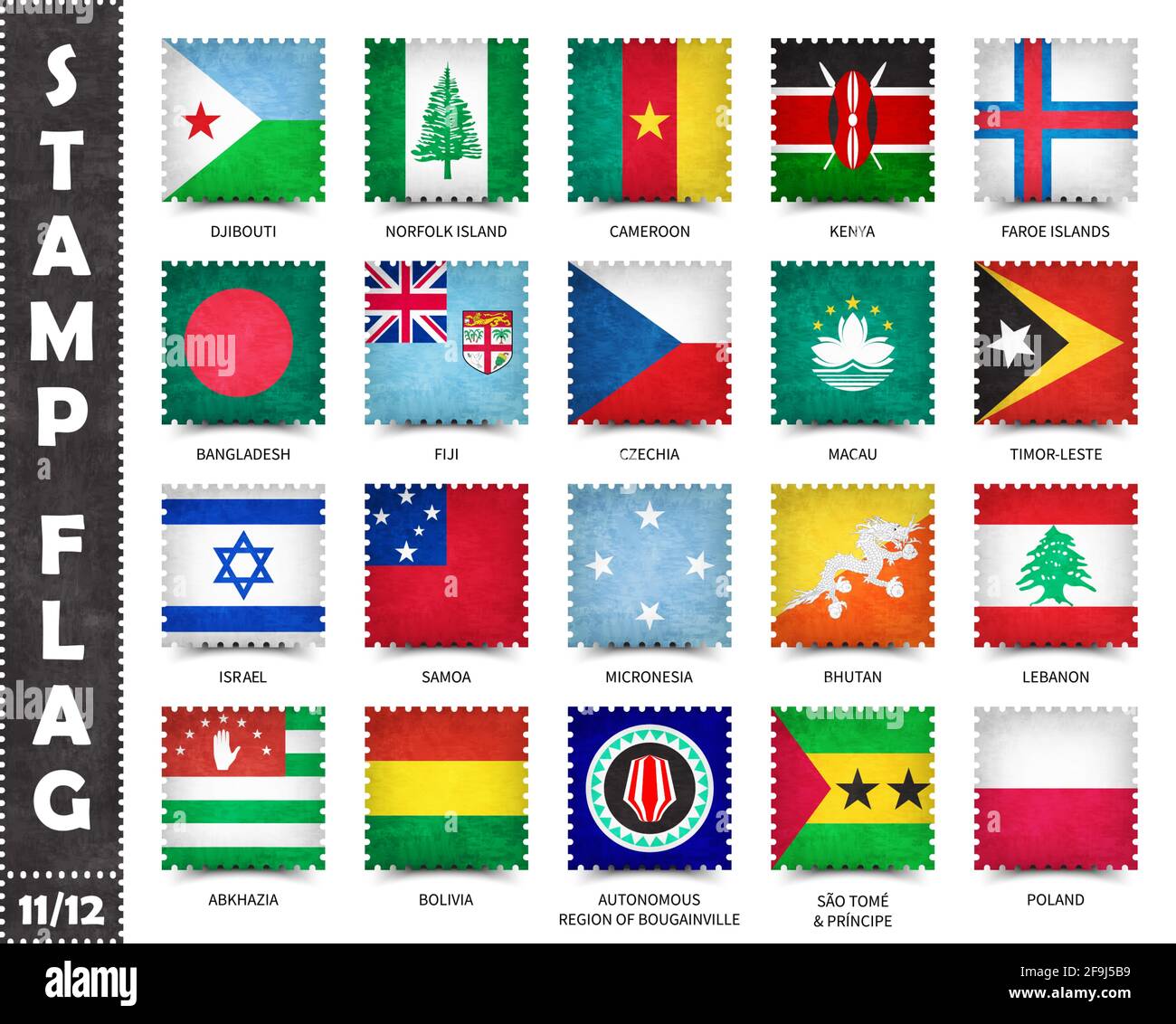 Timbre avec motif officiel de drapeau de pays et ancienne texture de grunge et nom de pays . Forme carrée . Vecteur . Set 11 de 12 sur cette série ( tous nationa Illustration de Vecteur