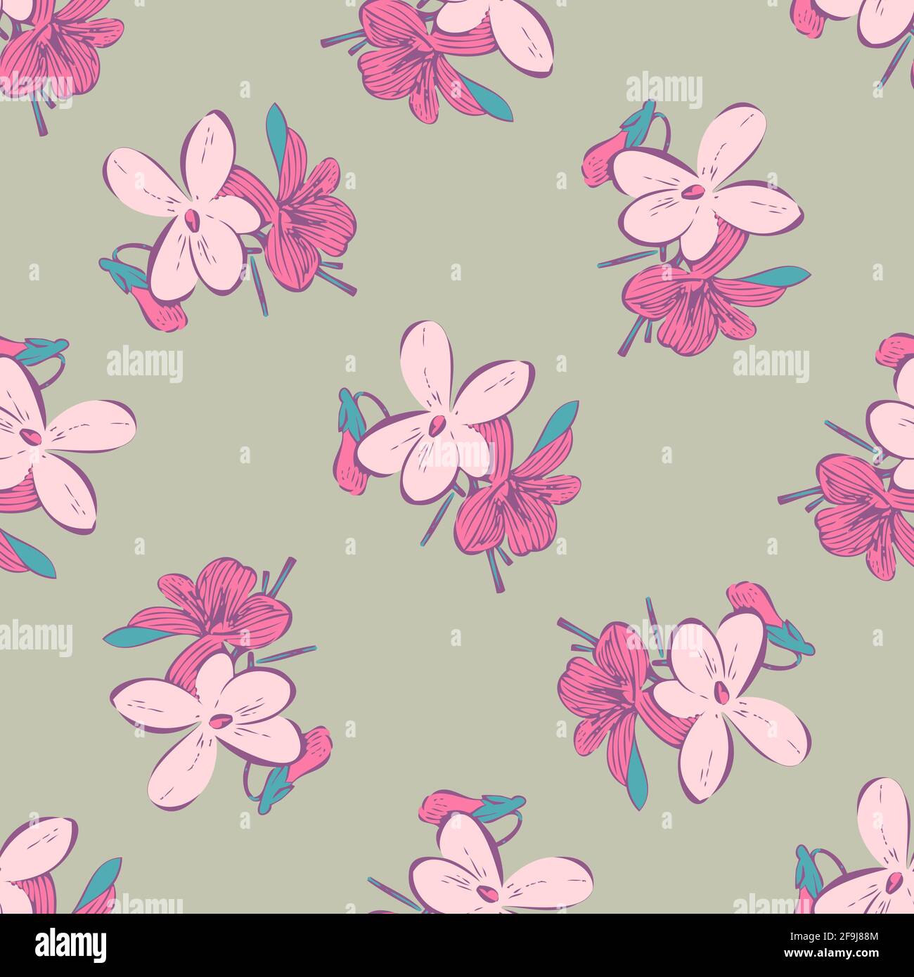 Branches avec fleurs dessinant, fleur dans les couleurs roses, fleurs de prairie sans couture motif, nature résumé vecteur d'arrière-plan. Illustration botanique Line art Illustration de Vecteur