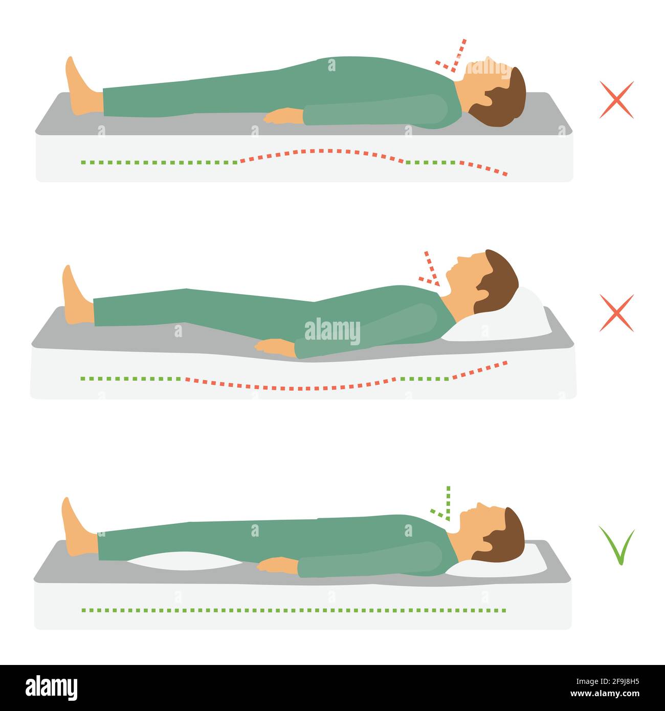 dormir correctement santé position du corps, douleur de cou de colonne vertébrale, Illustration de Vecteur