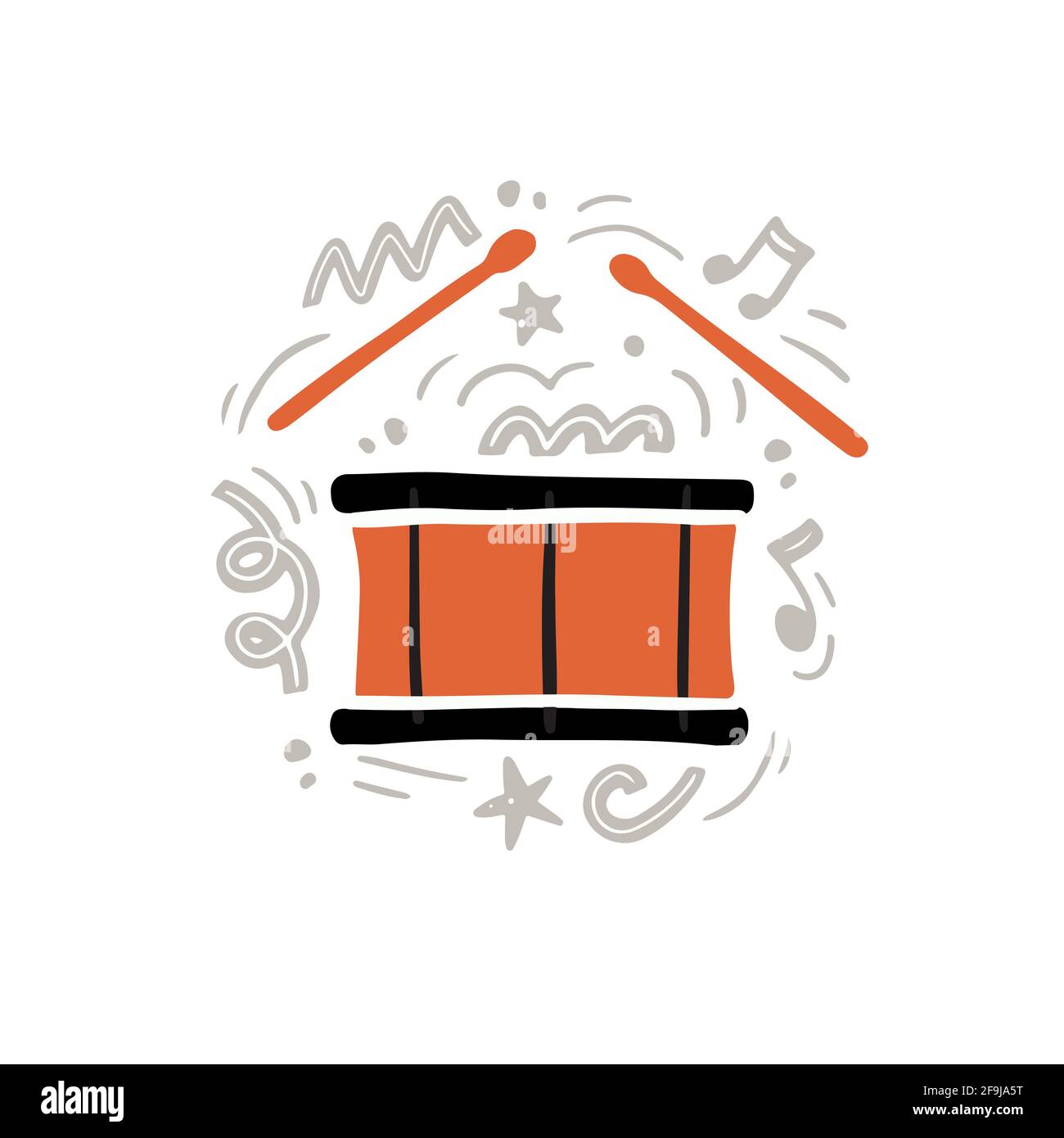 Illustration vectorielle créative de pilons orange jouant de la musique rythmique forte sur tambour traditionnel dessiné à la main dans un style minimaliste plat au milieu décorations et notes abstraites grises Illustration de Vecteur