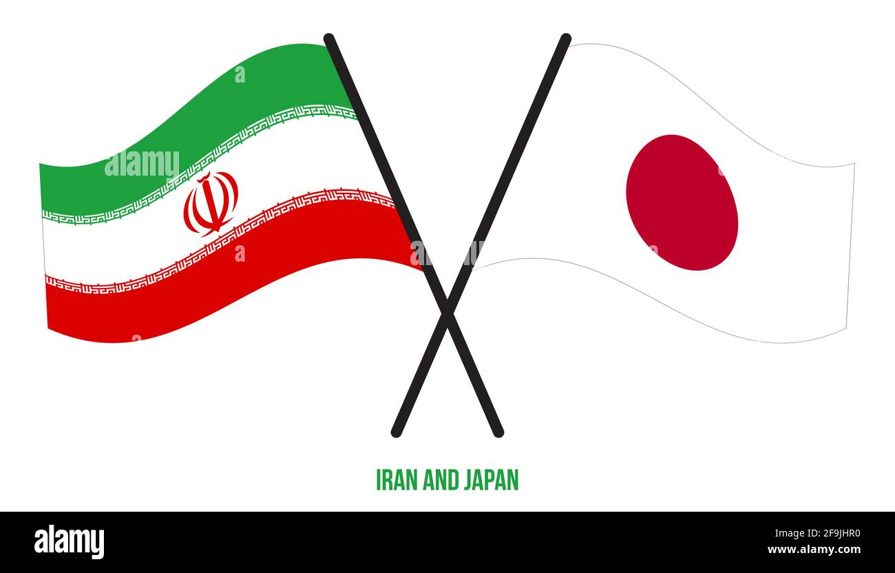 Les drapeaux iraniens et japonais ont traversé et ont fait des signes de style plat. Proportion officielle. Corriger les couleurs. Illustration de Vecteur