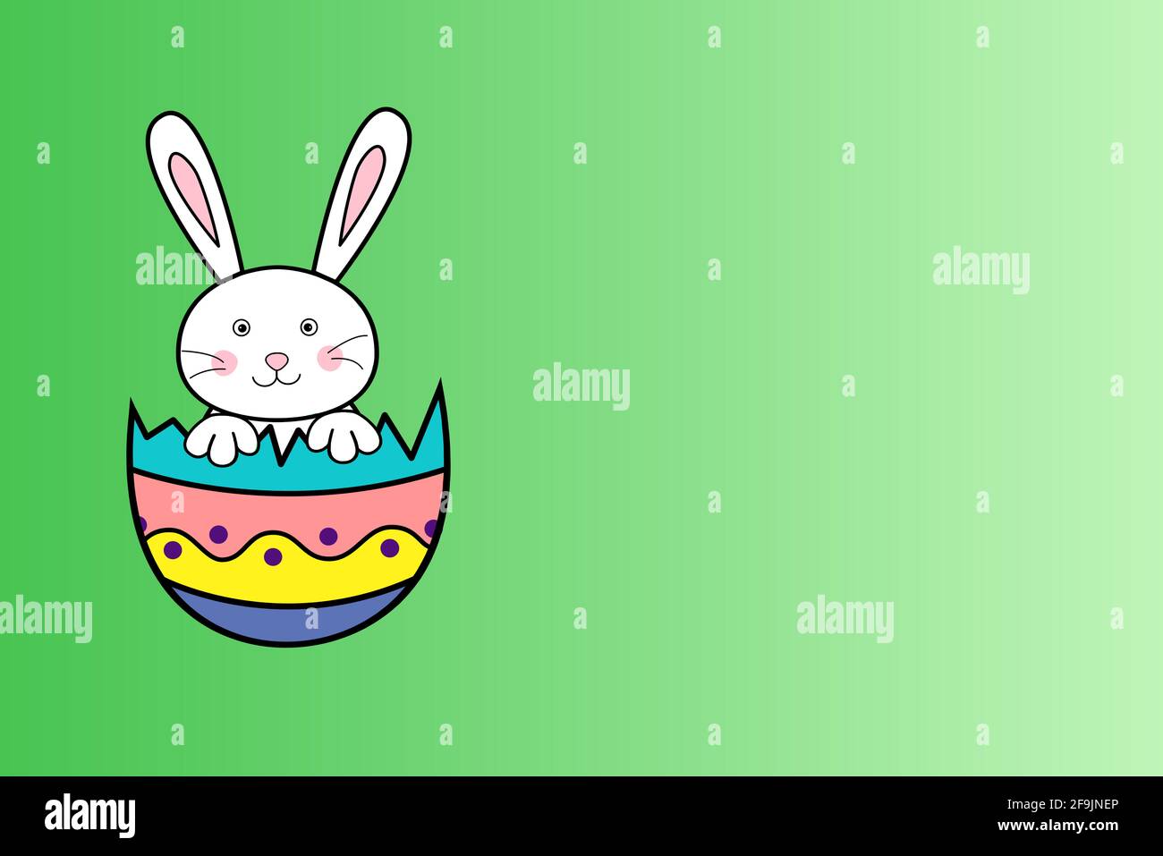Arrière-plan de l'illustration de la fête de Pâques. Les œufs de Pâques et le lapin sont assis dans une coquille d'œuf fissurée avec un espace vide sur fond vert dégradé. Style de dessin animé Banque D'Images