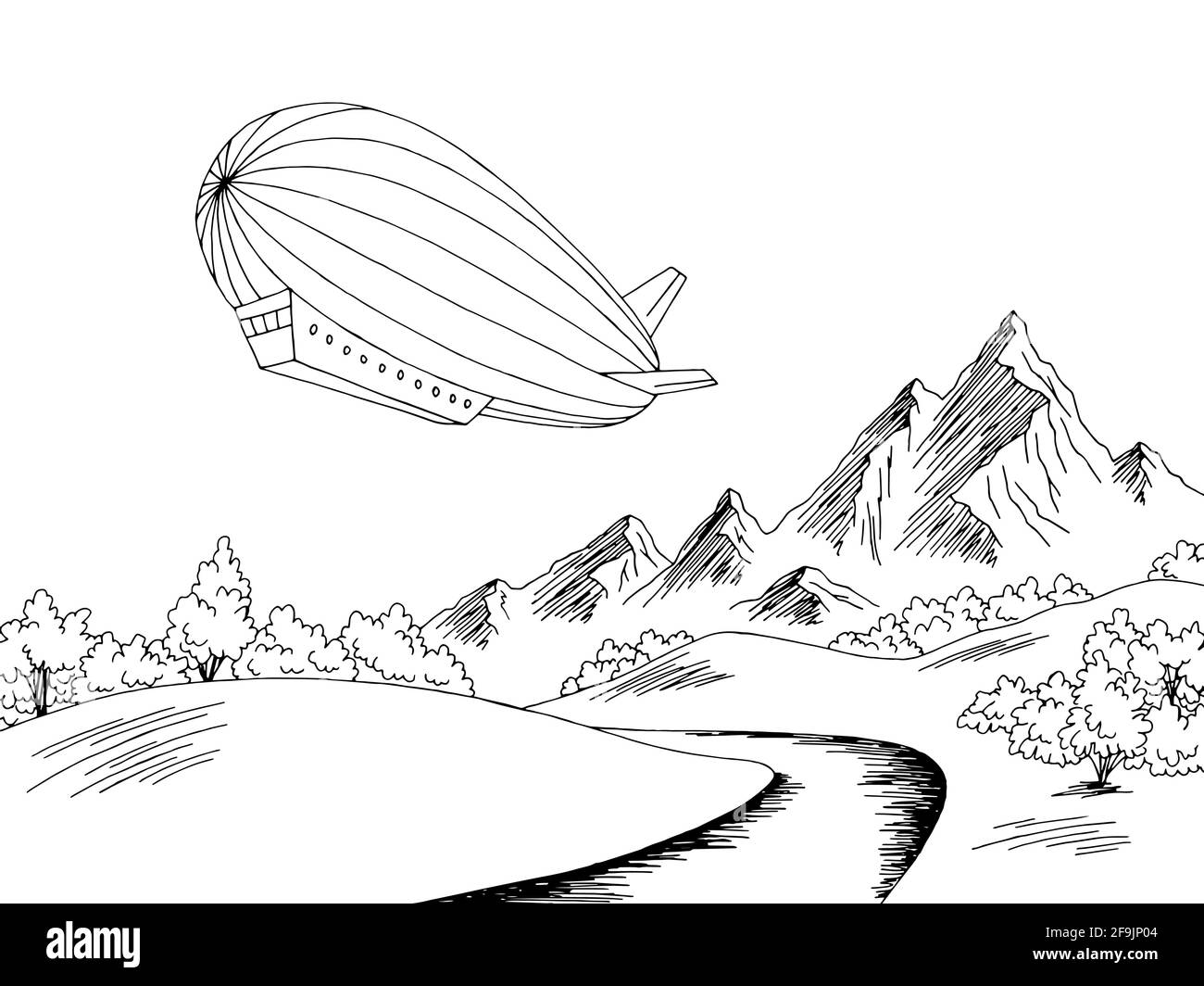 Avion voyage montagne rivière graphique noir blanc paysage dessin illustration vecteur Illustration de Vecteur