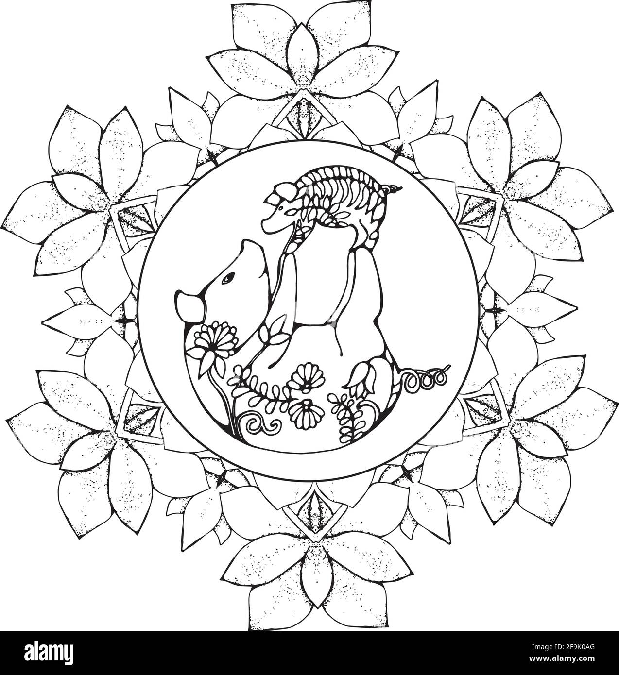Les cochons mignons font du yoga par paire. Cochon avec un bébé dans l'ornement. Mandala de fleur. Illustration de Vecteur