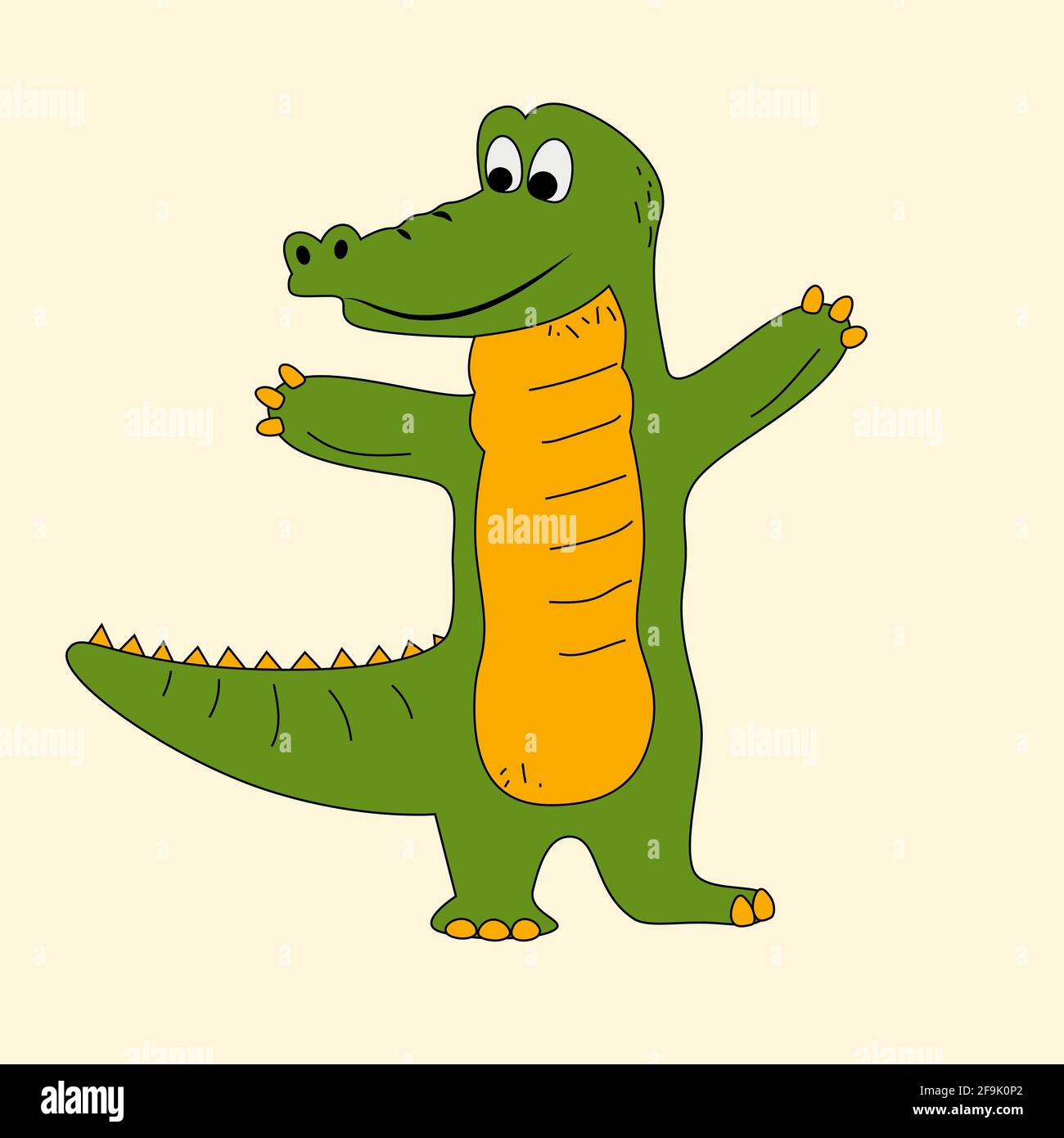 Joli dessin animé de crocodile vert et jaune avec contour noir. Mascotte d'alligator dessinée à la main pour enfants dessin vectoriel illustration Illustration de Vecteur