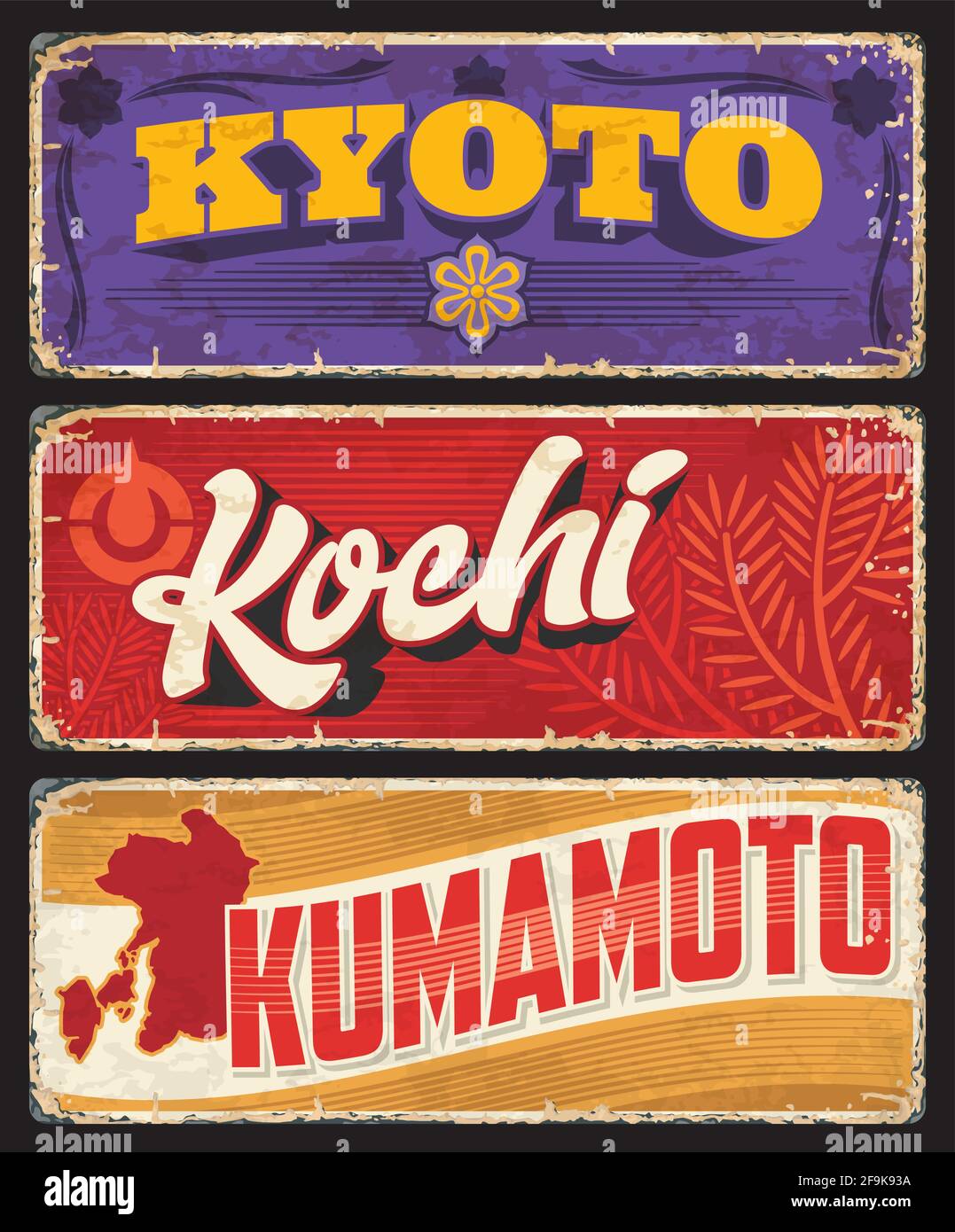 Plaques vectorielles Kyoto, Kochi et Kumamoto, panneaux métalliques de
