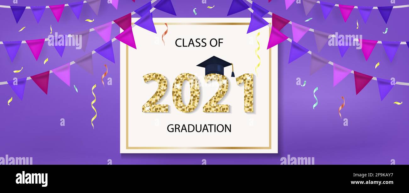 Modèle de félicitations pour la remise des diplômes de la classe 2021 pour votre modèle avec chapeau de remise des diplômes et numéros brillants. Illustration vectorielle Illustration de Vecteur