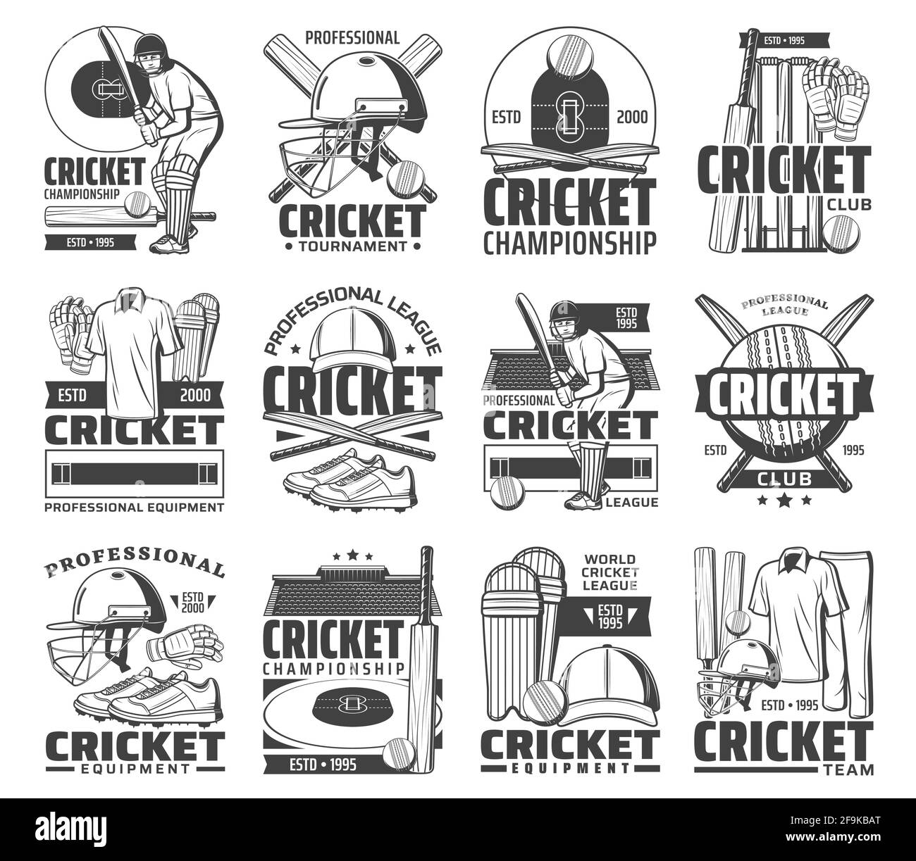 Icônes vectorielles de jeux de cricket. Tournoi et club de cricket, équipement de joueur et vêtements d'époque monochromes emblèmes. Terrain de jeu, batteur en prot Illustration de Vecteur