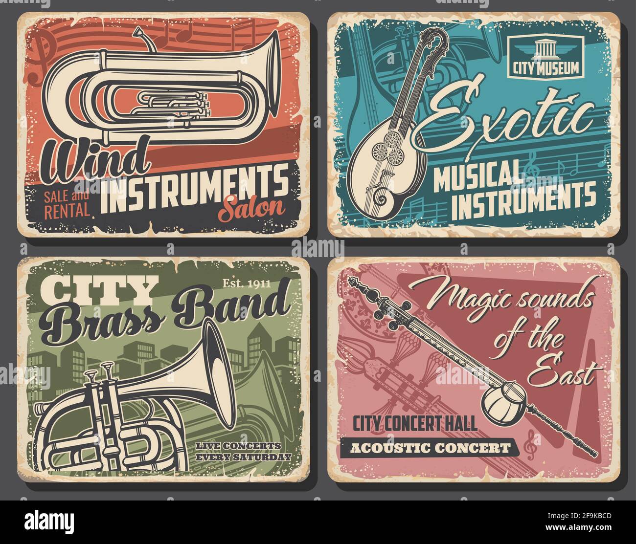 Instruments de musique et affiches rétro vectorielles de concerts acoustiques en direct. Euphonium et corne française, guitare à col double ou mandoline et kamancheh. Groupe de musique Illustration de Vecteur