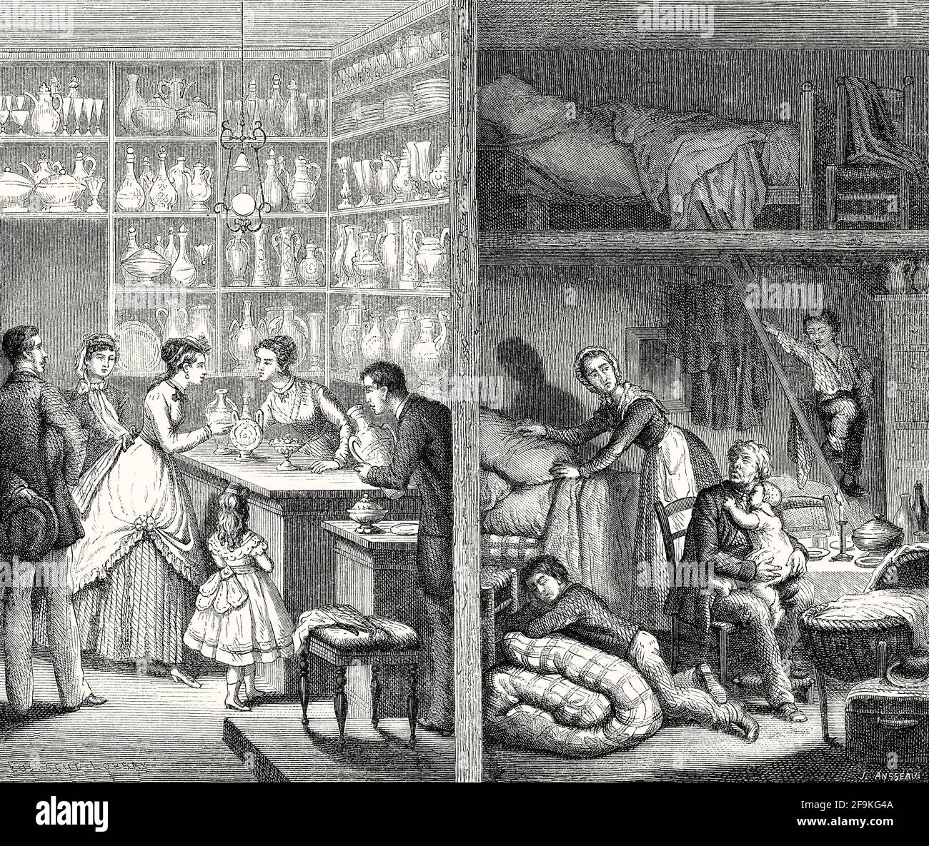 Boutique élégante et pauvreté, Paris, France, 19e siècle Banque D'Images