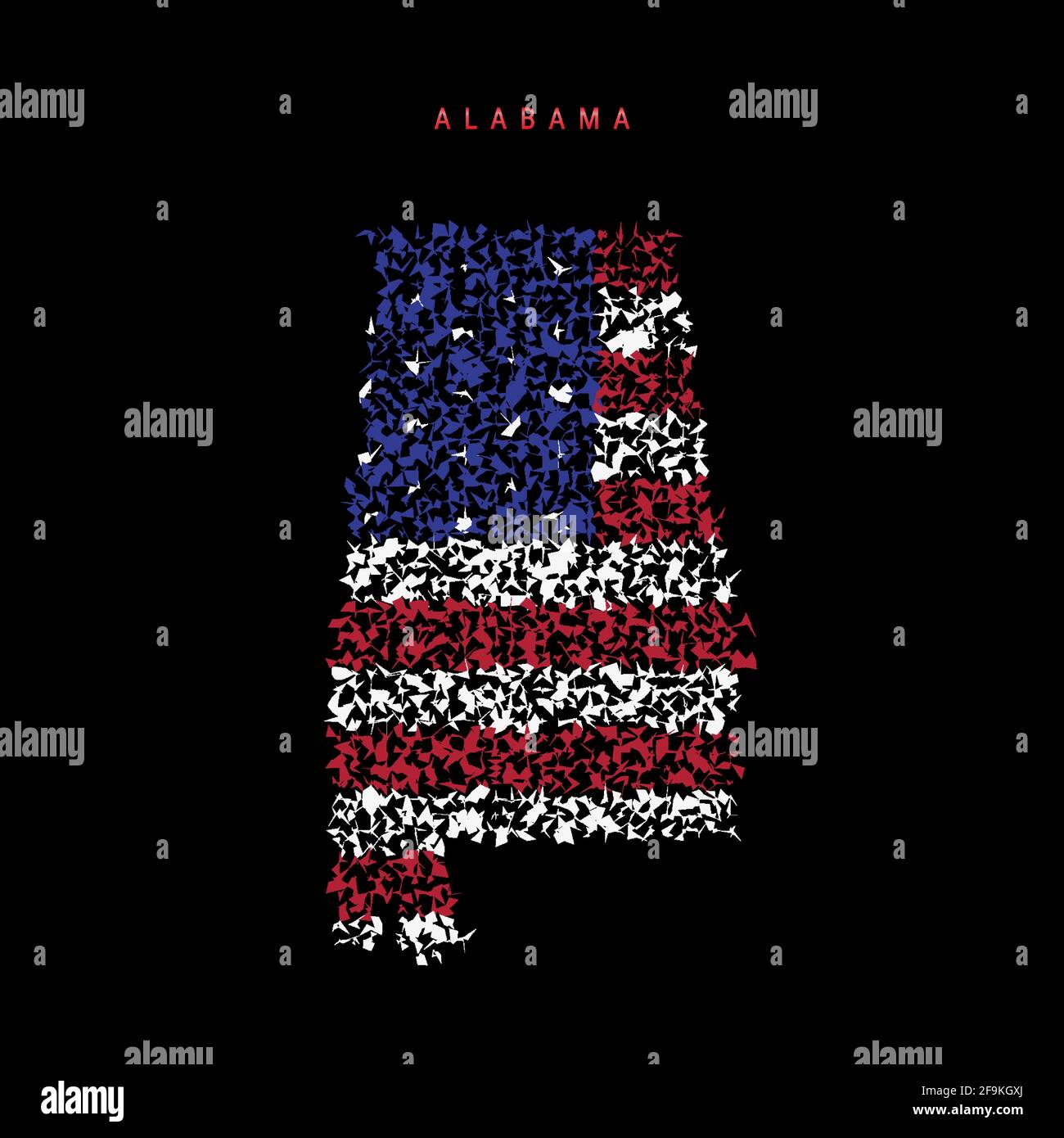 Carte du drapeau de l'État américain de l'Alabama, motif de particules chaotiques aux couleurs du drapeau américain. Illustration vectorielle isolée sur fond noir. Illustration de Vecteur