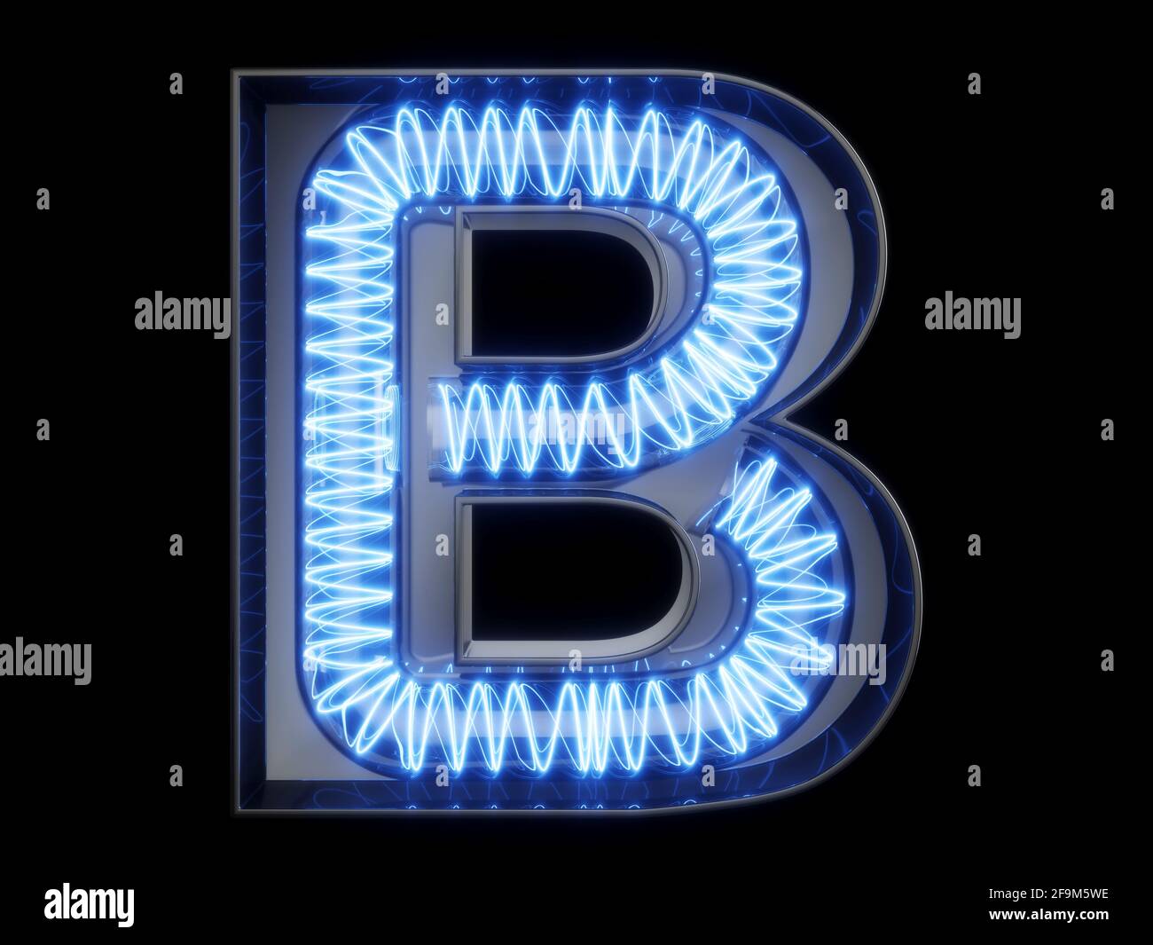 Lumineux ampoule alphabet lettre B de caractères police. Vue avant de la capitale illuminée symbole sur fond noir. Le rendu 3d illustration Banque D'Images