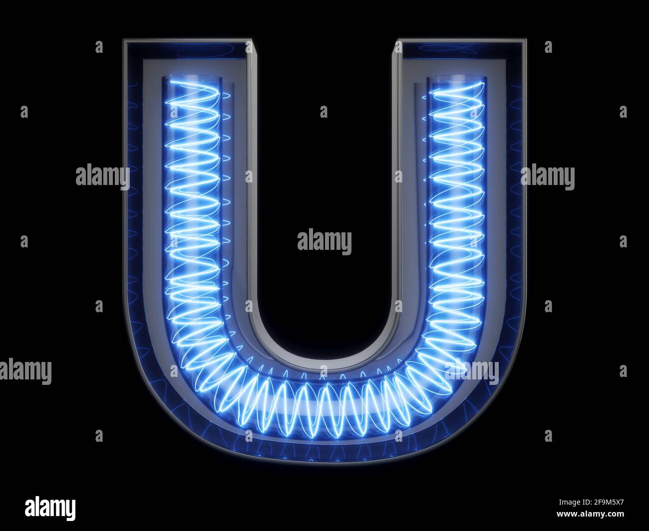 Lumineux ampoule alphabet lettre u caractère font. Vue avant de la capitale illuminée symbole sur fond noir. Le rendu 3d illustration Banque D'Images