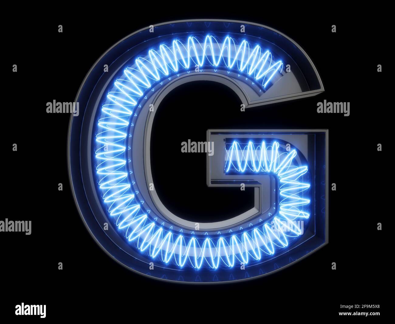 Lumineux ampoule alphabet lettre G caractère font. Vue avant de la capitale illuminée symbole sur fond noir. Le rendu 3d illustration Banque D'Images