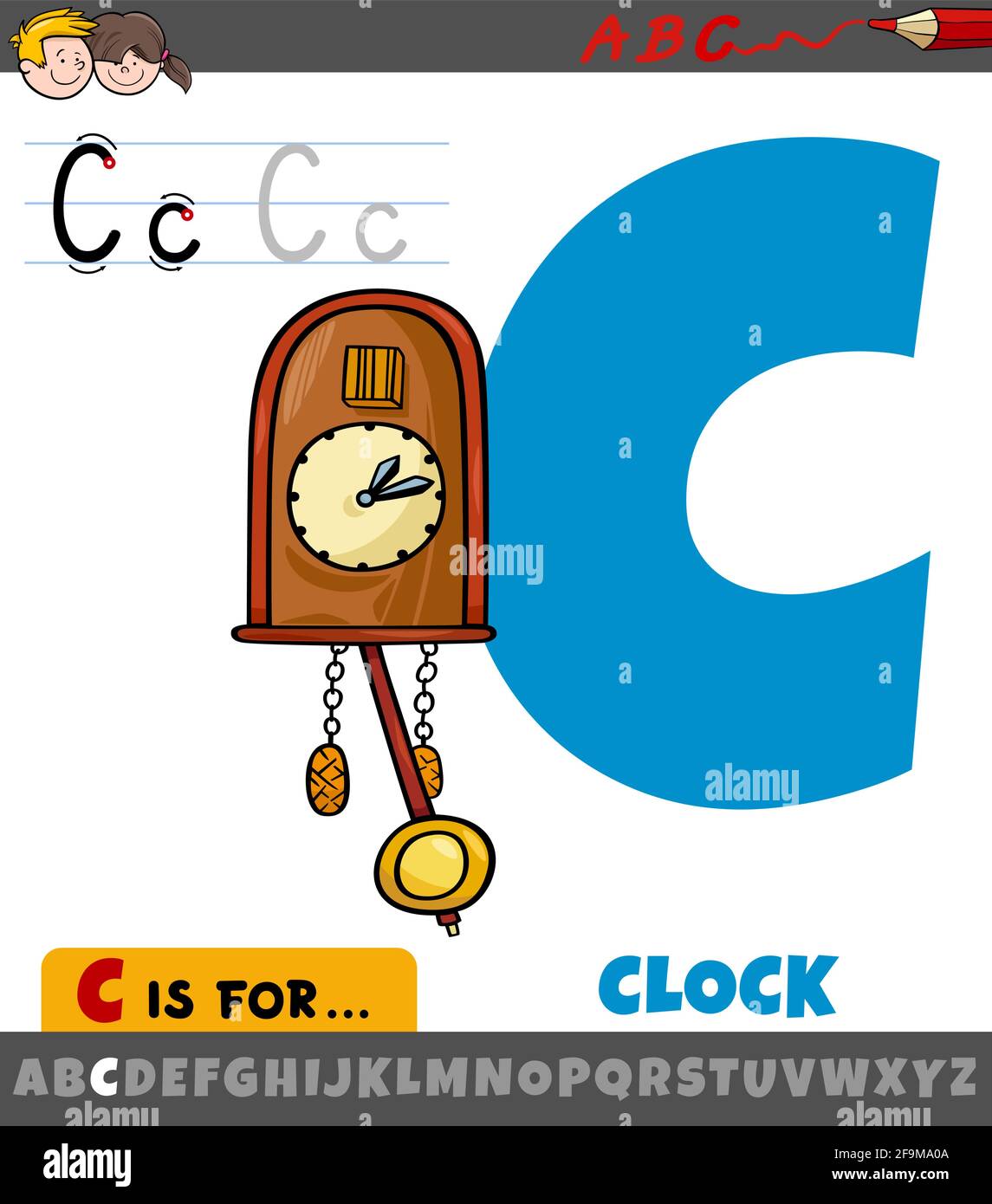 Illustration pédagogique de la lettre C de l'alphabet avec horloge objet Illustration de Vecteur