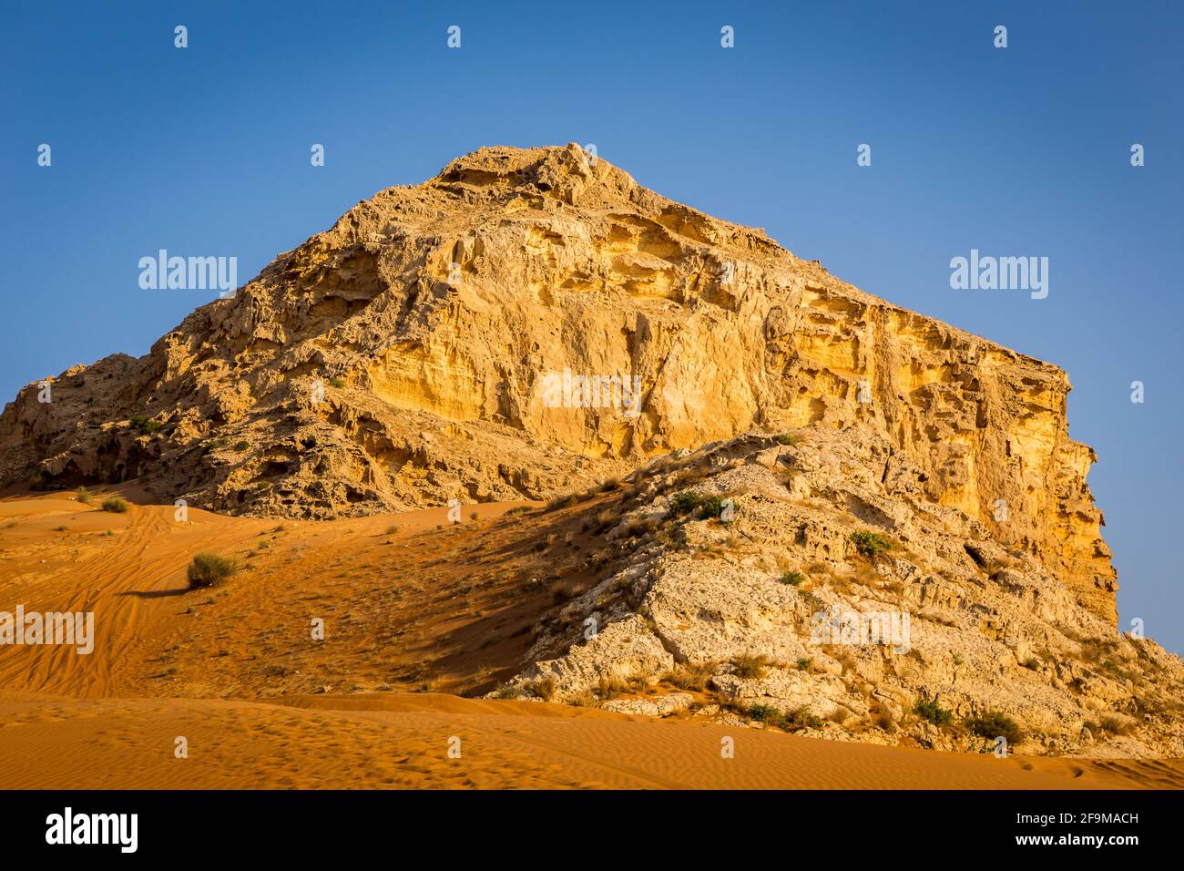 Fossil Rock formation de roches calcaires dans le désert, avec des dunes de sable autour, Sharjah, Émirats arabes Unis. Banque D'Images