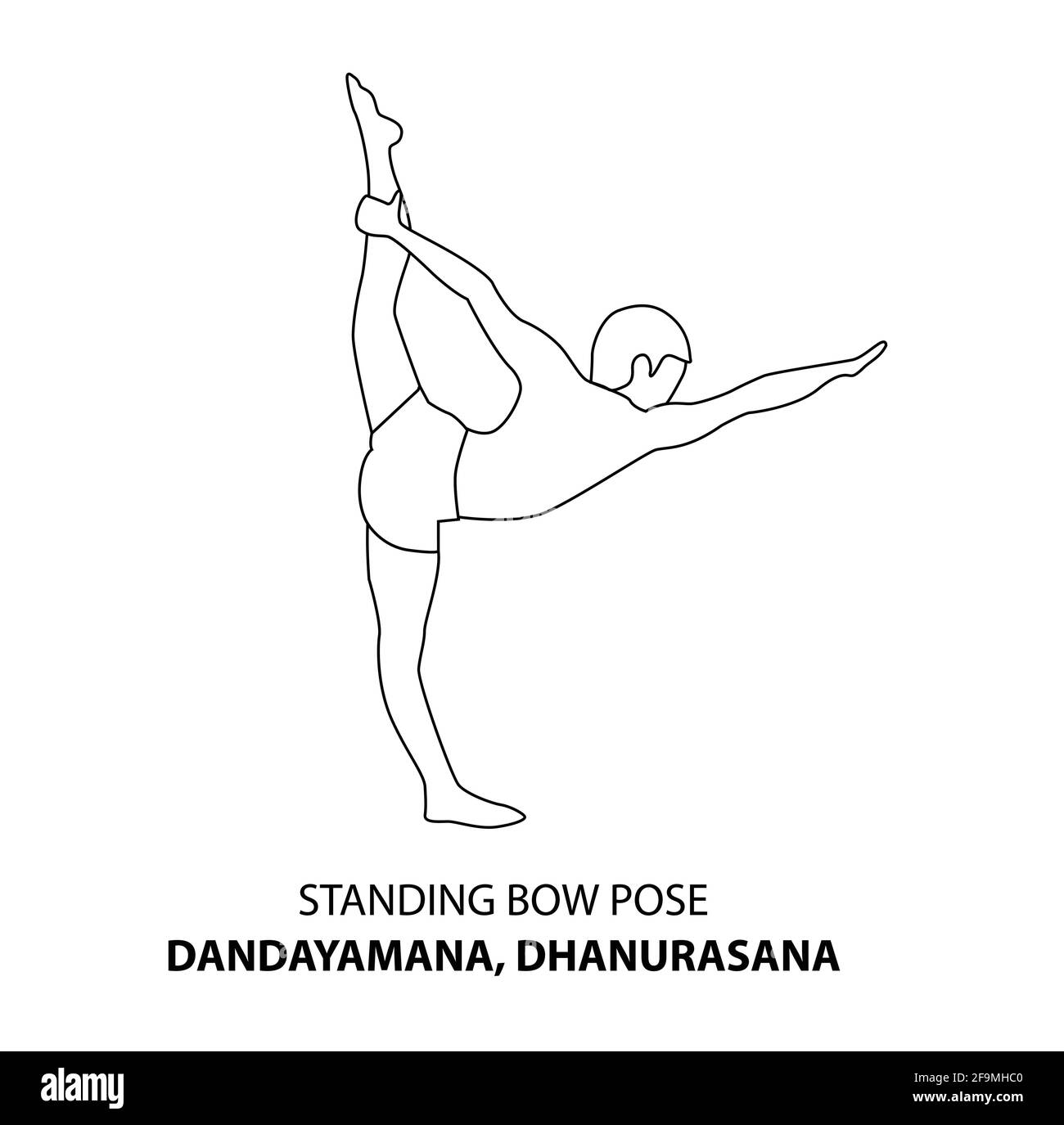 Homme pratiquant le yoga pose isolé contour Illustration. Homme debout dans l'arc debout pose dandayamana, dhanurasana pose, icône de la ligne de Yoga Asana Illustration de Vecteur