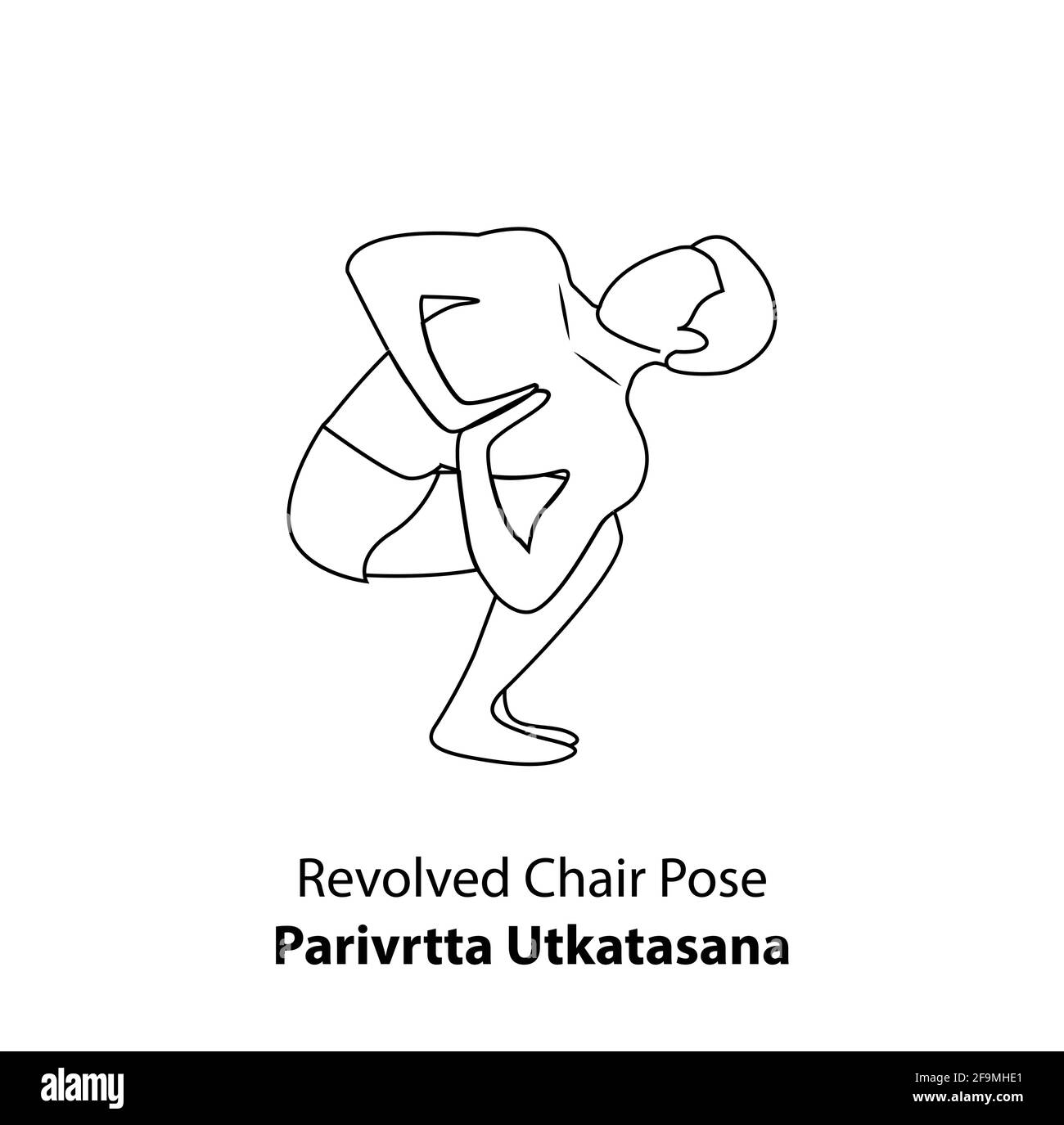 Homme pratiquant le yoga pose isolé contour Illustration. Homme debout dans une posture de chaise tournée ou paravrtta utkatasana pose, icône de la ligne de Yoga Asana Illustration de Vecteur