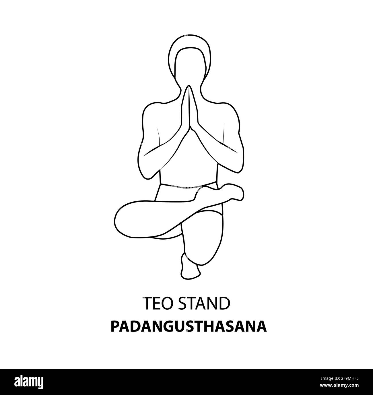 Homme pratiquant le yoga pose isolé contour Illustration. Homme debout dans la posture de teo ou pose de padangusthasana, icône de la ligne de Yoga Asana Illustration de Vecteur