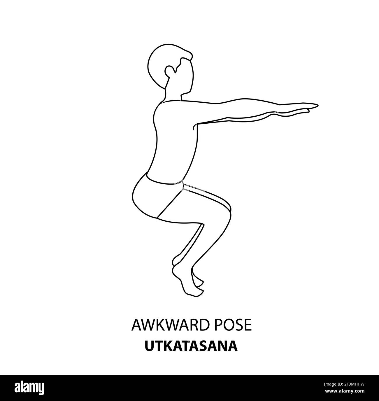 Homme pratiquant le yoga pose isolé contour Illustration. Homme debout dans une posture embarrassante ou une posture d'Utkatasana, icône de la ligne d'Asana de Yoga Illustration de Vecteur