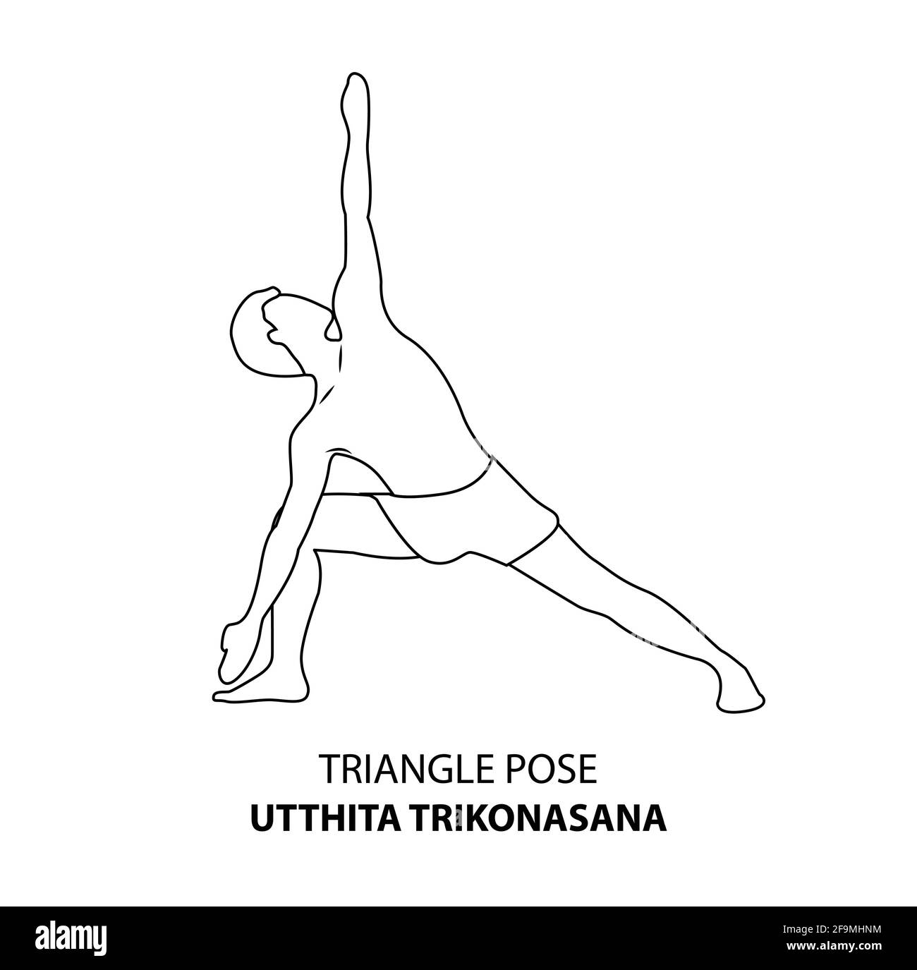 Homme pratiquant le yoga pose isolé contour Illustration. Homme debout dans une posture triangulaire ou utthita trikonasana pose, icône de la ligne de Yoga Asana Illustration de Vecteur