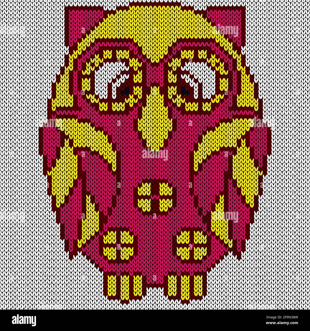 Tricotage d'un grand hibou de dessin animé dans des teintes jaunes et roses sur fond blanc, illustration pour la production textile Illustration de Vecteur