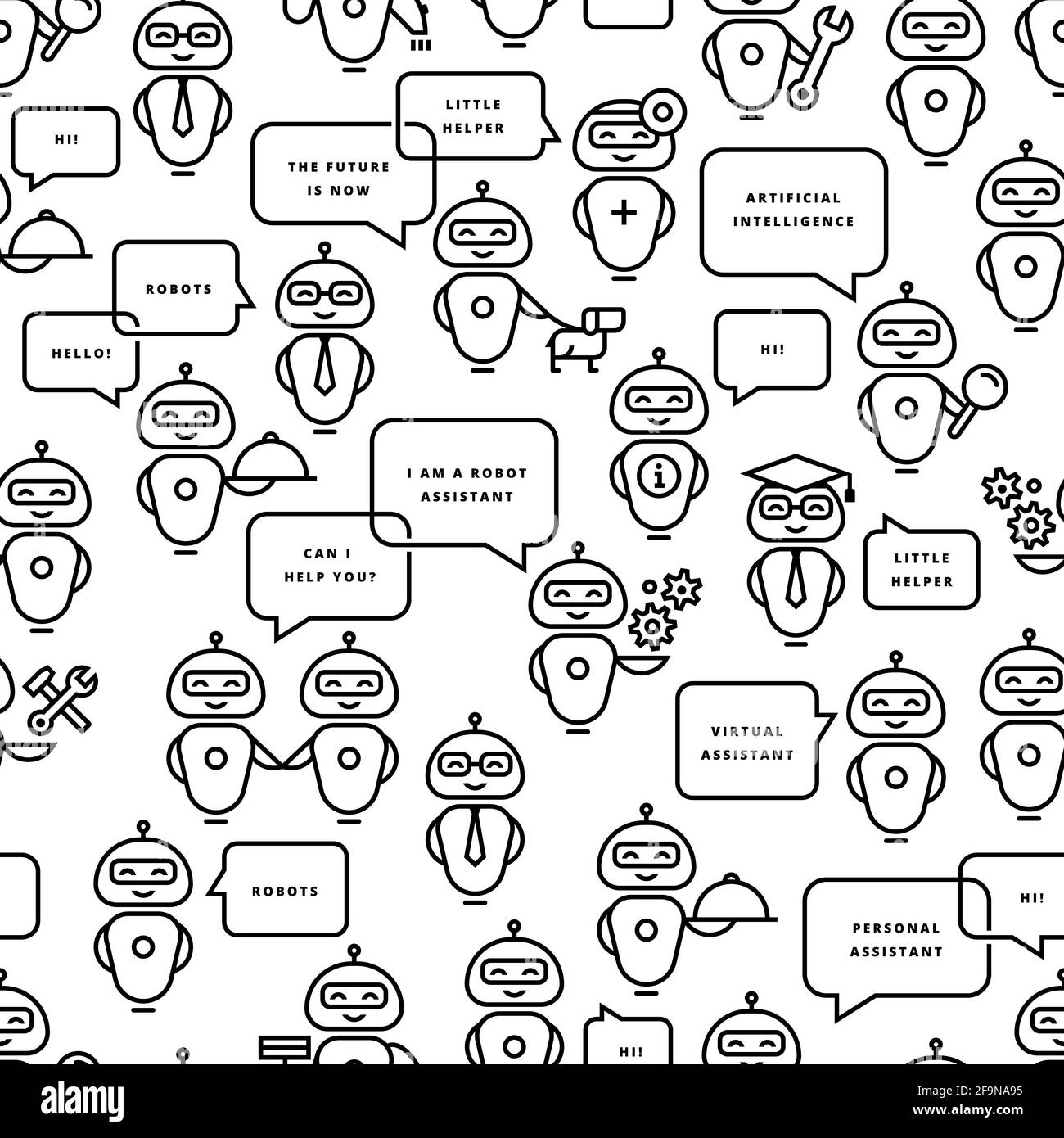 Assistant robot de motif sans couture en style de ligne. Motif d'icône vectoriel. Illustration de Vecteur