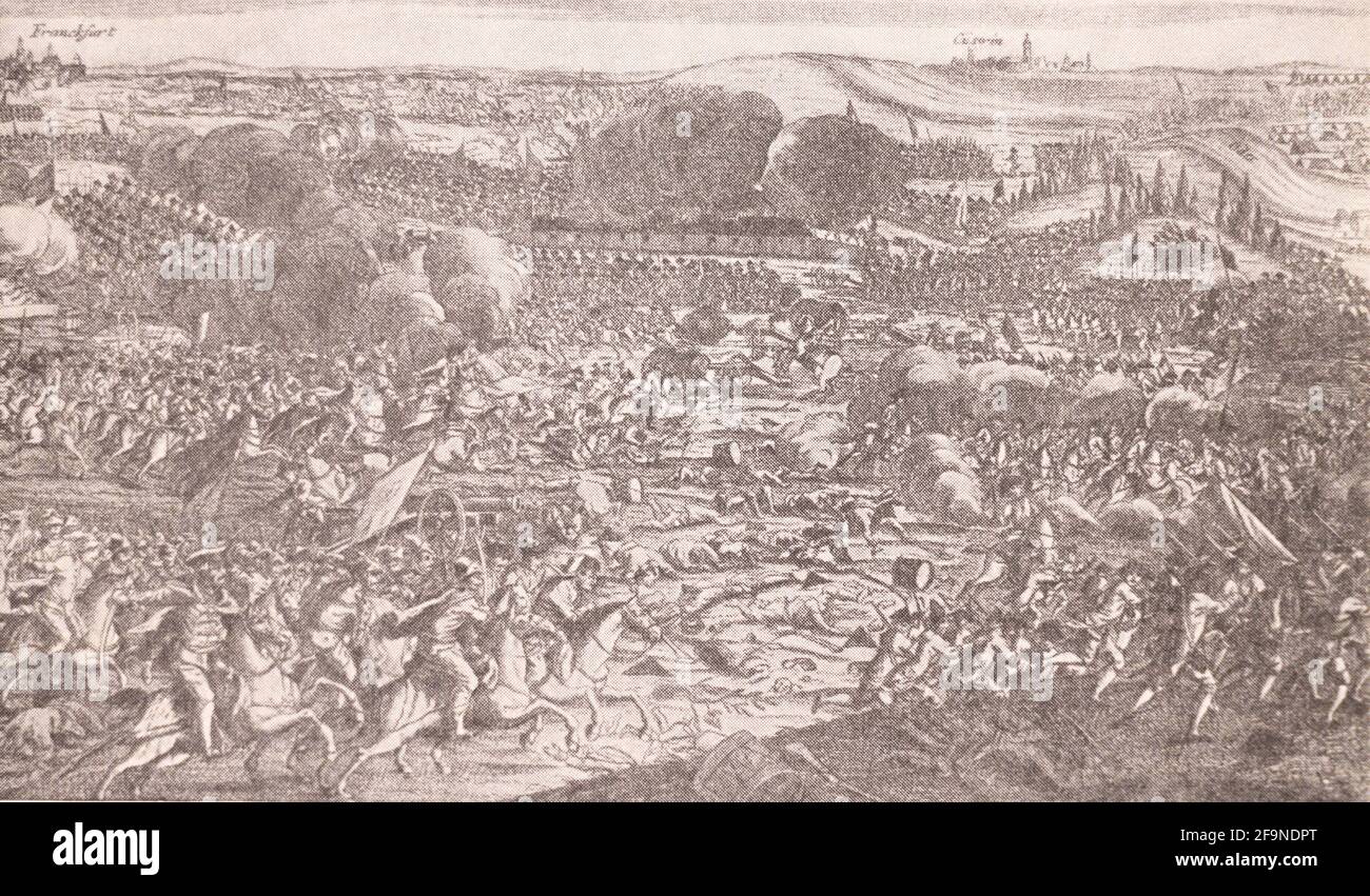 Bataille de Kunersdorf. La gravure du XVIIIe siècle. La bataille de Kunersdorf a eu lieu le 12 août 1759 près de Kunersdorf (aujourd'hui Kunowice, Pologne), immédiatement à l'est de Francfort an der Oder (la deuxième plus grande ville de Prusse). Dans le cadre de la troisième guerre de Silésie et de la plus grande guerre de sept ans, la bataille a impliqué plus de 100,000 hommes. Une armée alliée commandée par Pyotr Saltykov et Ernst Gideon von Laudon qui comprenait 41,000 Russes et 18,500 Autrichiens défait l'armée de Frédéric le Grand de 50,900 Prussiens. Banque D'Images