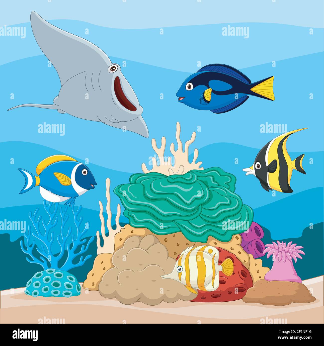 Magnifique monde sous-marin avec coraux et poissons tropicaux Illustration de Vecteur