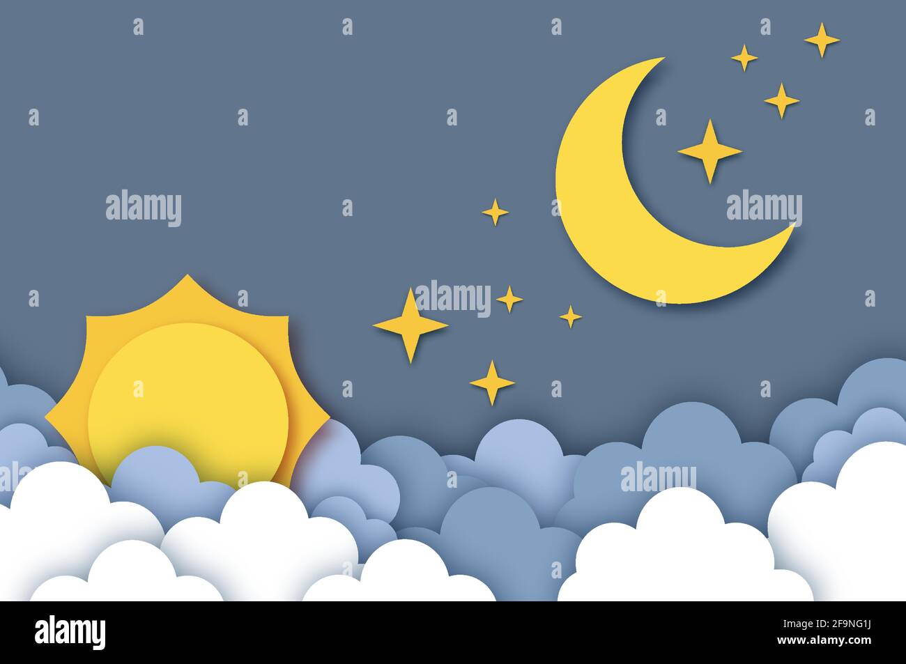 Soleil et lune avec nuage. Ciel nuageux. Temps de coupe du papier. Vecteur Illustration de Vecteur