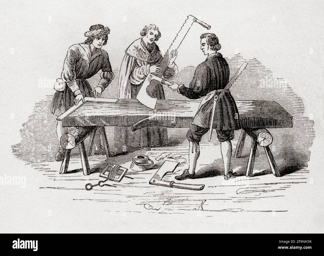 Charpentiers et leurs outils au XVIe siècle. De l'Histoire du progrès en Grande-Bretagne, publié en 1866. Banque D'Images