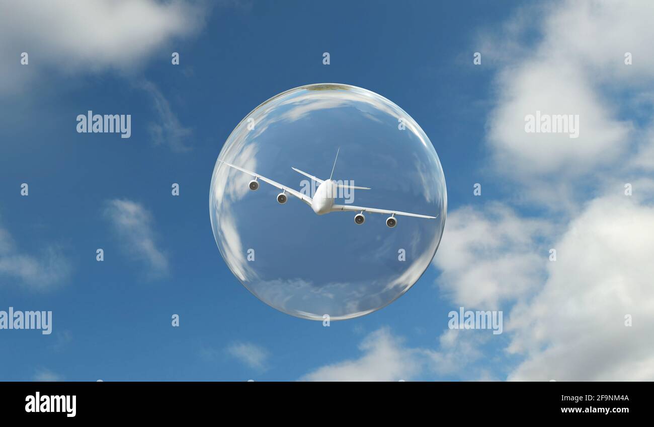 Concept de bulle de vol du coronavirus. Avion dans une bulle. Rendu 3D Banque D'Images