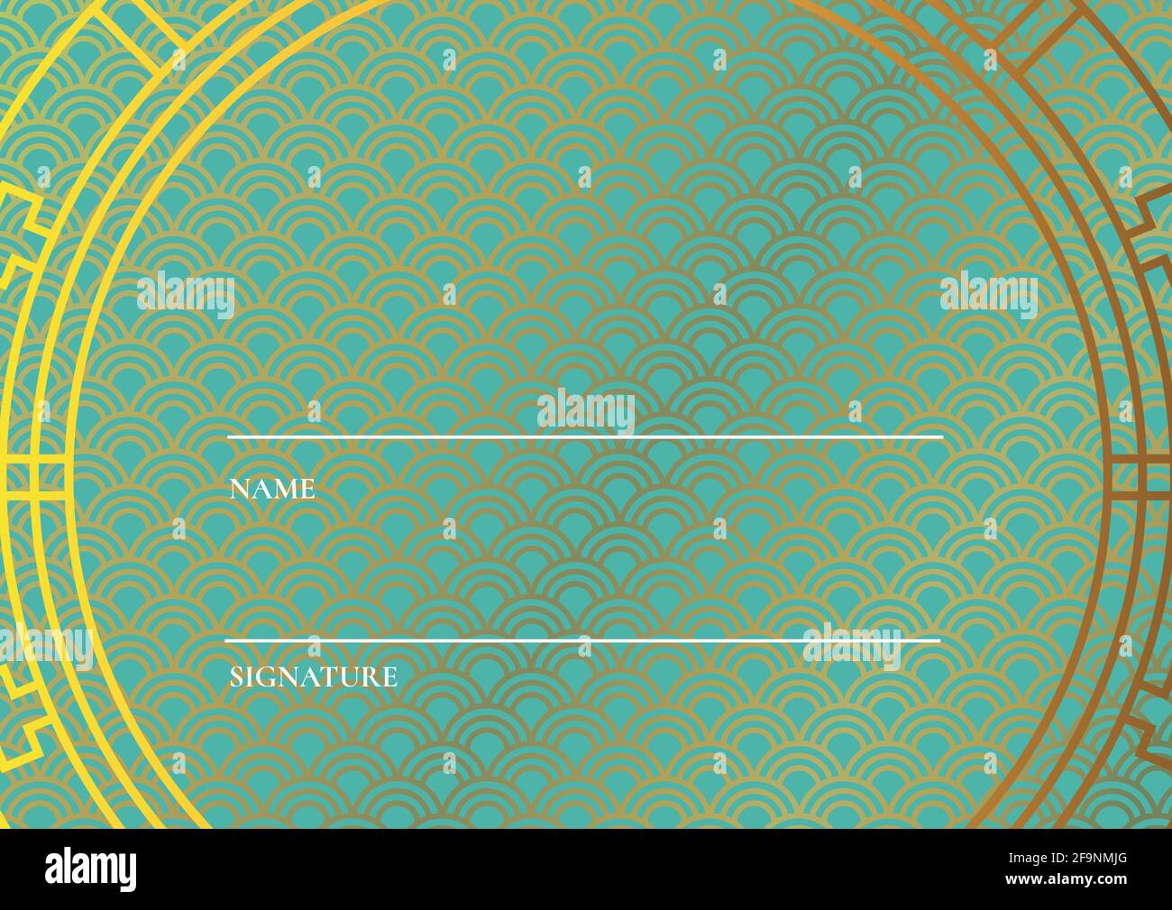 Composition du nom et du texte de signature avec des lignes blanches et copier l'espace sur un motif doré et vert Banque D'Images