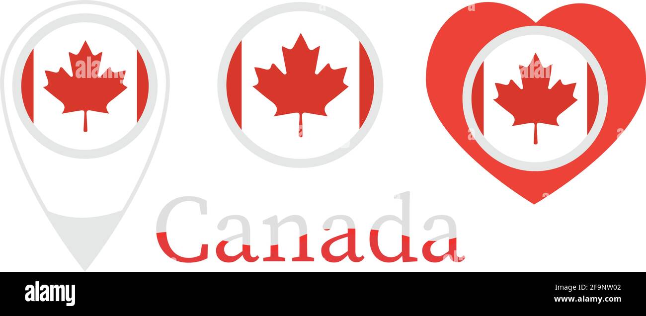 Drapeau national du Canada, icône ronde, icône en forme de coeur et signe d'emplacement, vecteur Illustration de Vecteur