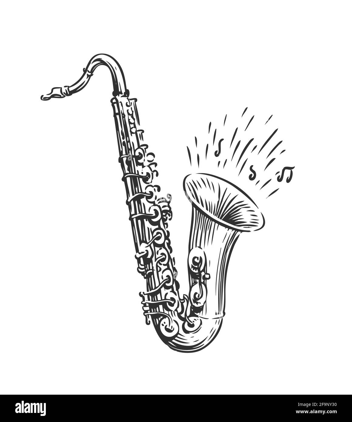 Dessin à la main de saxophone à vecteur isolé art. Instrument musical pour la décoration invitation festival de jazz, boutique de musique Illustration de Vecteur