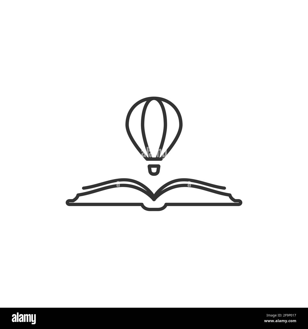 Livre ouvert noir avec ballon d'air isolé sur fond blanc. Illustration vectorielle à ligne plate. Logo de lecture Magic Fairytale. Imagination et inspiration Illustration de Vecteur