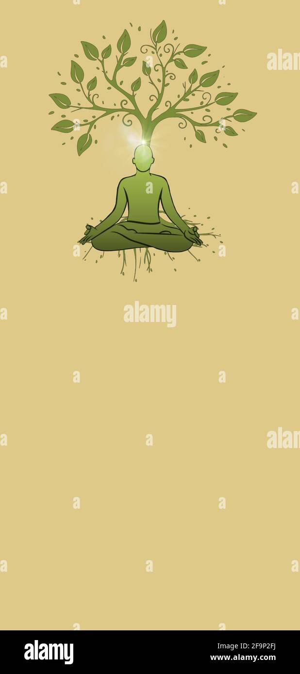 Arrière-plan spirituel avec la silhouette humaine méditant et l'arbre de vie isolé en arrière-plan couleur Banque D'Images