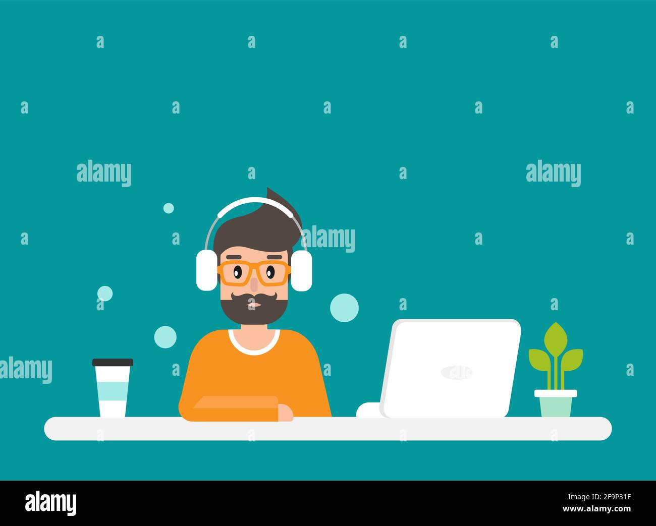 Homme étude en ligne avec ordinateur. illustration de dessin animé à vecteur plat sur fond turquoise. Outsourcer sur table de travail avec ordinateur portable. Chat, travail à la maison Illustration de Vecteur