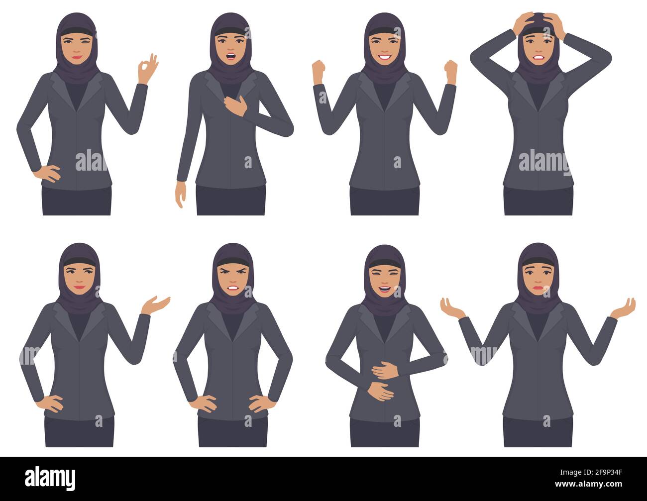 illustration vectorielle d'une femme arabe expressions de caractère avec mains gestuelle, caricature femme d'affaires musulmane avec différentes émotions Illustration de Vecteur