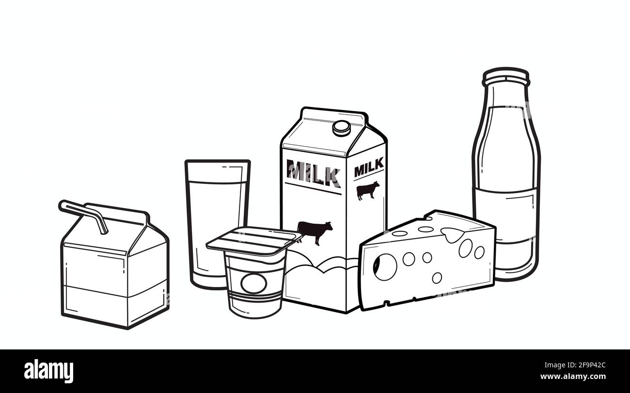 Ensemble d'icônes de lait. Boîte ou carton de lait noir et blanc isolé  Vector, bouteille de lait, yaourt, fromage et un verre de lait Image  Vectorielle Stock - Alamy