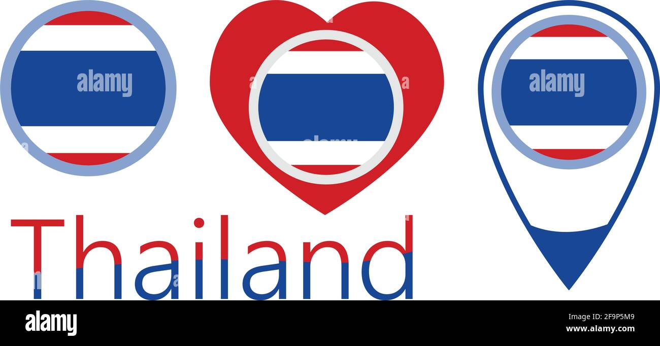 Drapeau national de la Thaïlande, icône ronde, icône en forme de coeur et signe d'emplacement, vecteur Illustration de Vecteur