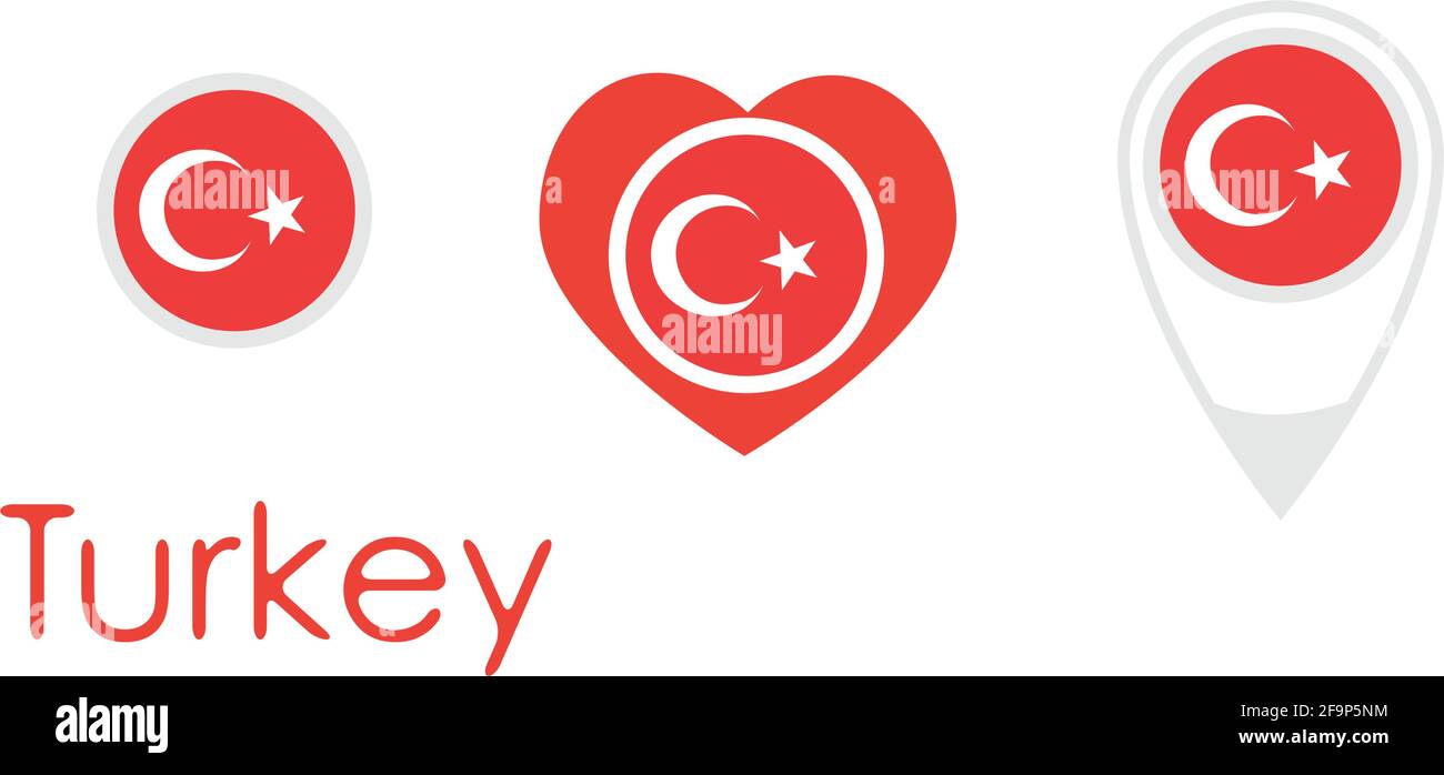 Drapeau national de la Turquie, icône ronde, icône en forme de coeur et signe d'emplacement, vecteur Illustration de Vecteur