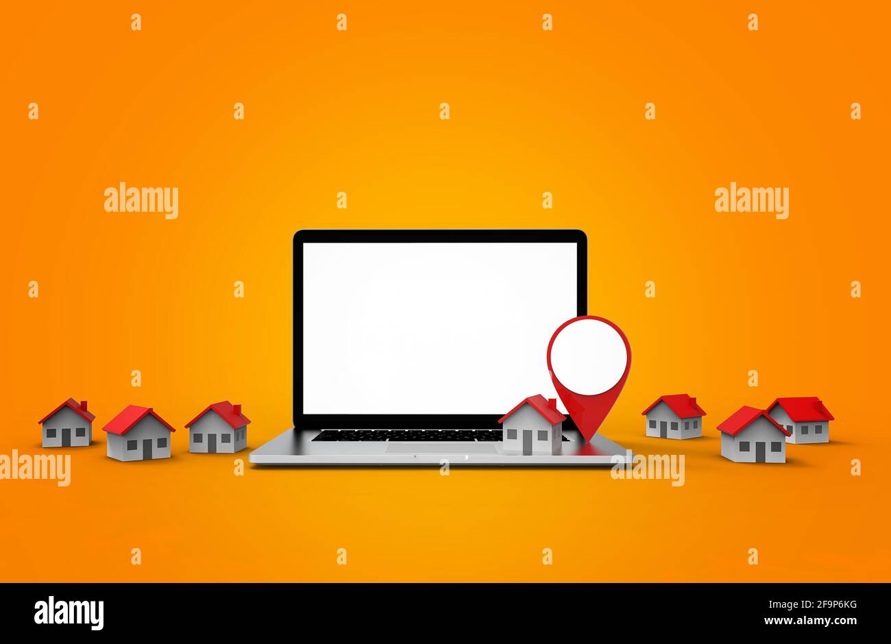 Emplacement icône et maison mis sur ordinateur portable moderne isolé sur fond blanc. Illustration 3D. Banque D'Images