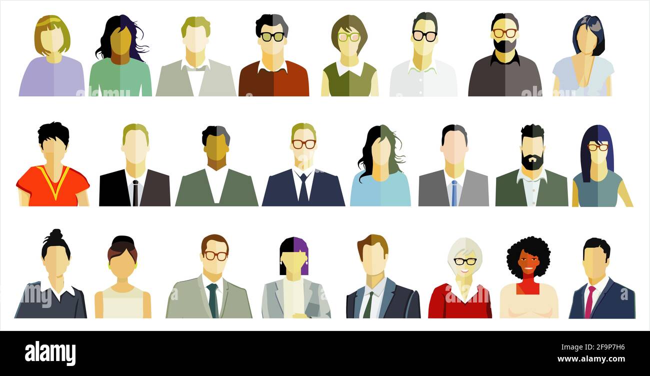 Portrait de groupe de personnes, visages sur fond blanc. Illustration de Vecteur
