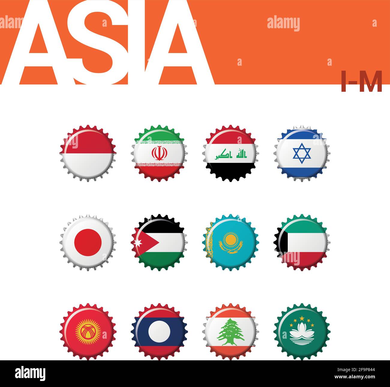 Ensemble de 12 drapeaux d'embouteillage d'Asie (I-M). Ensemble 2 sur 4. Illustration vectorielle. Indonésie, Iran, Irak, Israël, Japon, Jordanie, Kazakhstan, Koweït, Kirghizistan Illustration de Vecteur