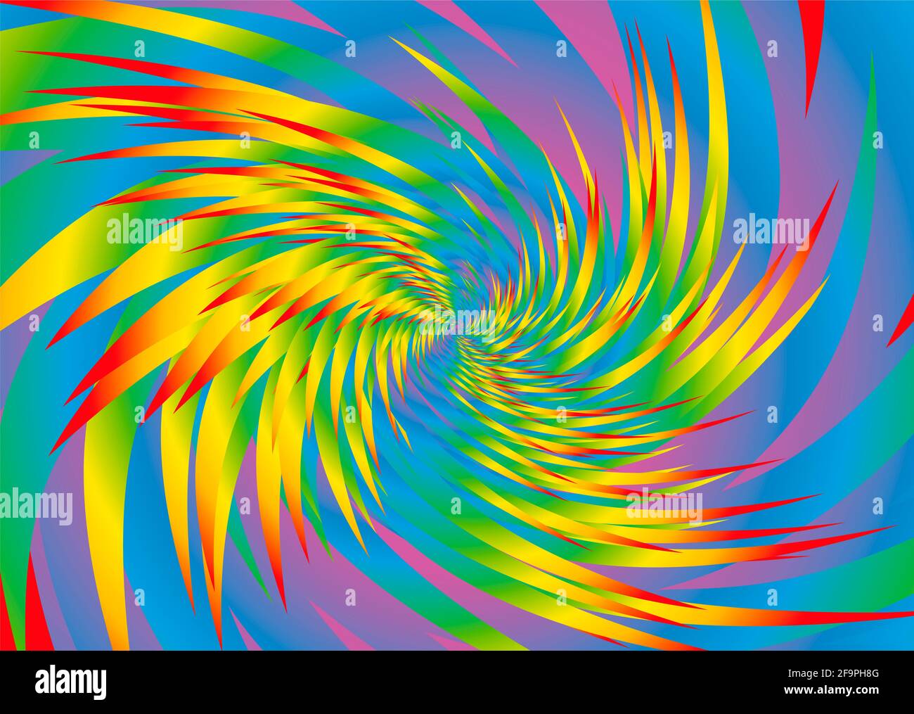 Arc-en-ciel à motif en spirale coloré, plumes puissantes et tourbillonnantes psychédéliques sauvages, arrière-plan épineux coloré. Banque D'Images