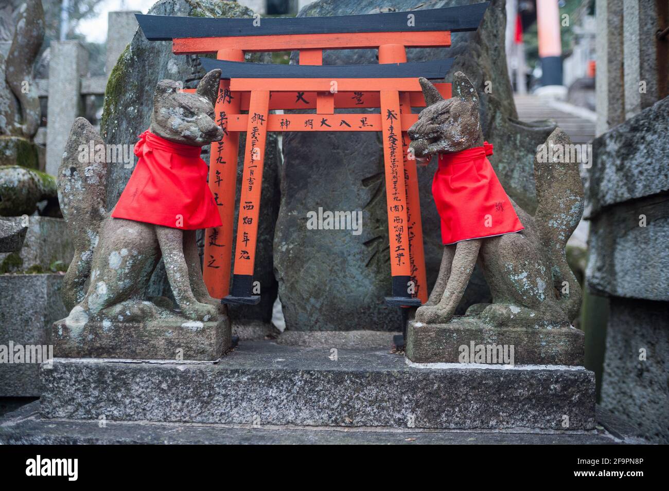 24.12.2017, Kyoto, Kansai, Japon - les statues en pierre représentent Inari Okami, le renard japonais (kitsune), la divinité (kami) sur la montagne Inariyama, où les Fushimi Banque D'Images